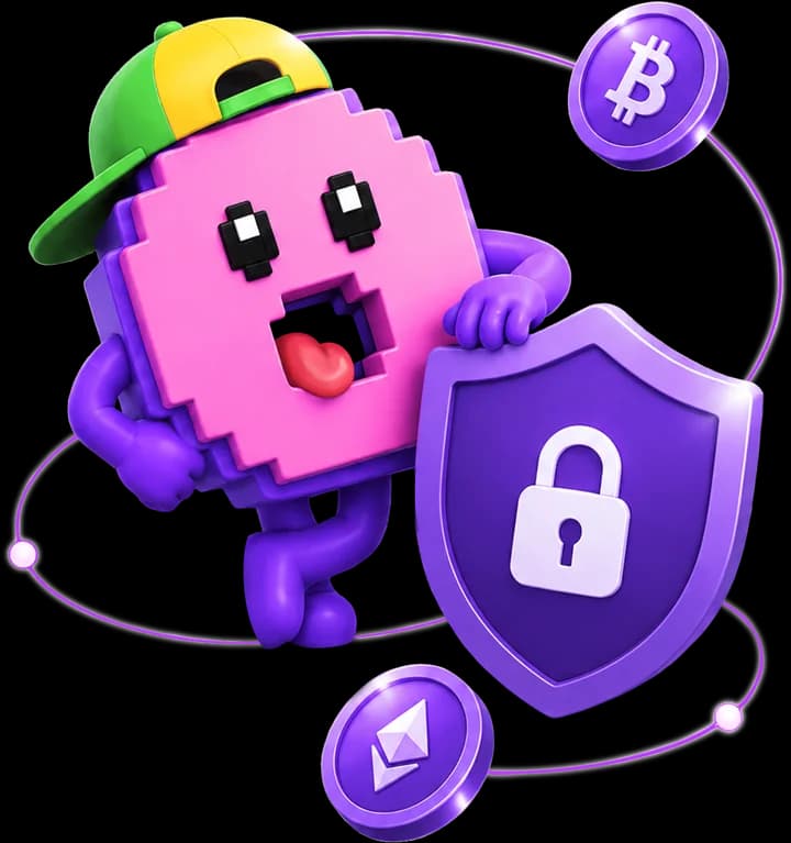 Oxygen Donuts mascot holding a security shield